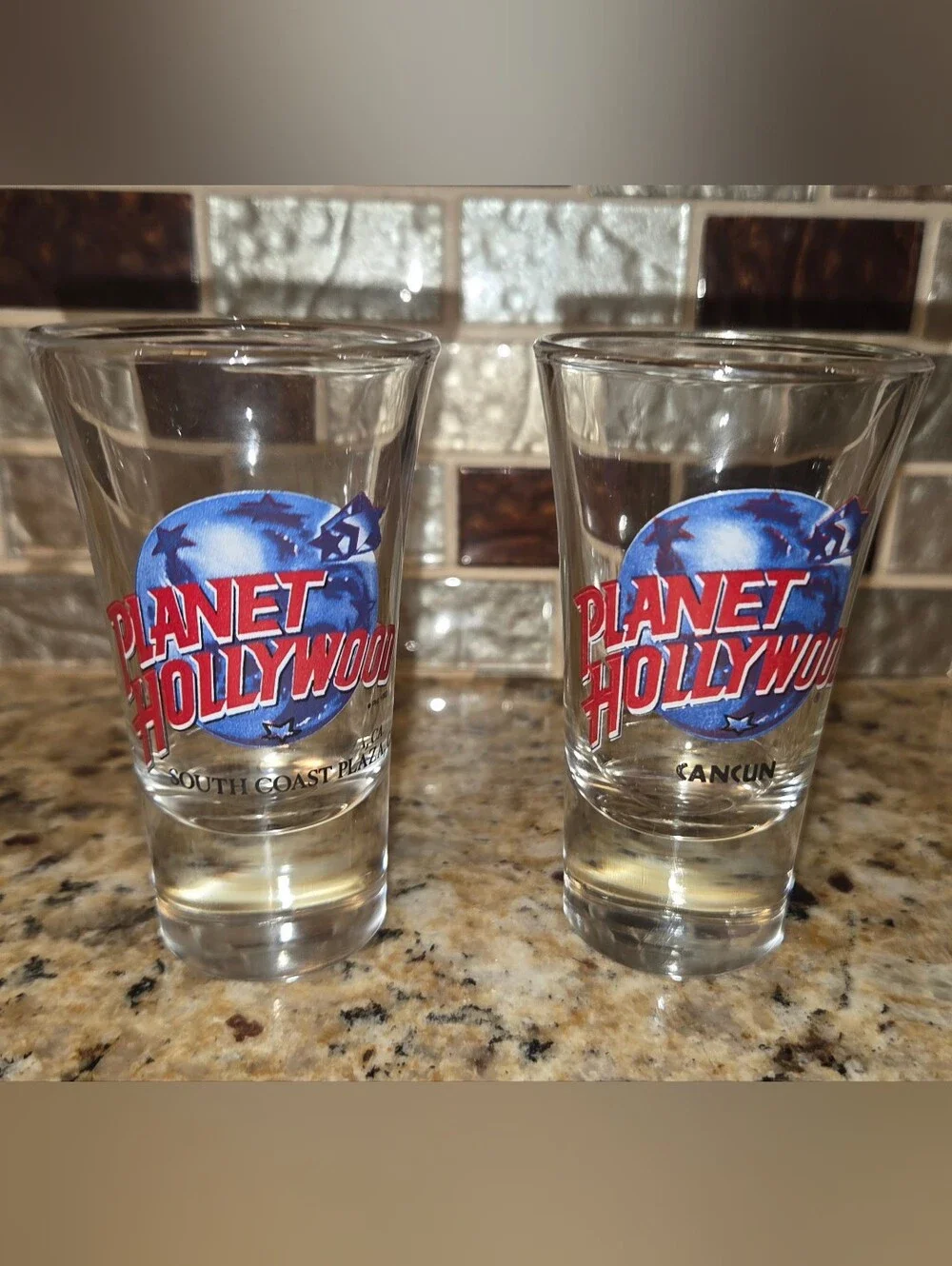 (2) Planet Hollywood Souvenir Blue & Red Logo Shot Glasses Set of 2